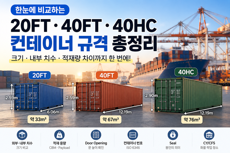 20FT 40FT 40HC 컨테이너 규격과 크기 비교