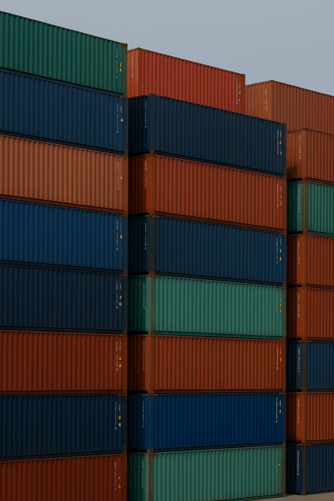 "부산신항 컨테이너 야드에 적층된 다양한 색상의 컨테이너 전경. 푸른 하늘 아래 정렬된 컨테이너들이 물류 산업의 규모와 질서를 보여주는 장면"