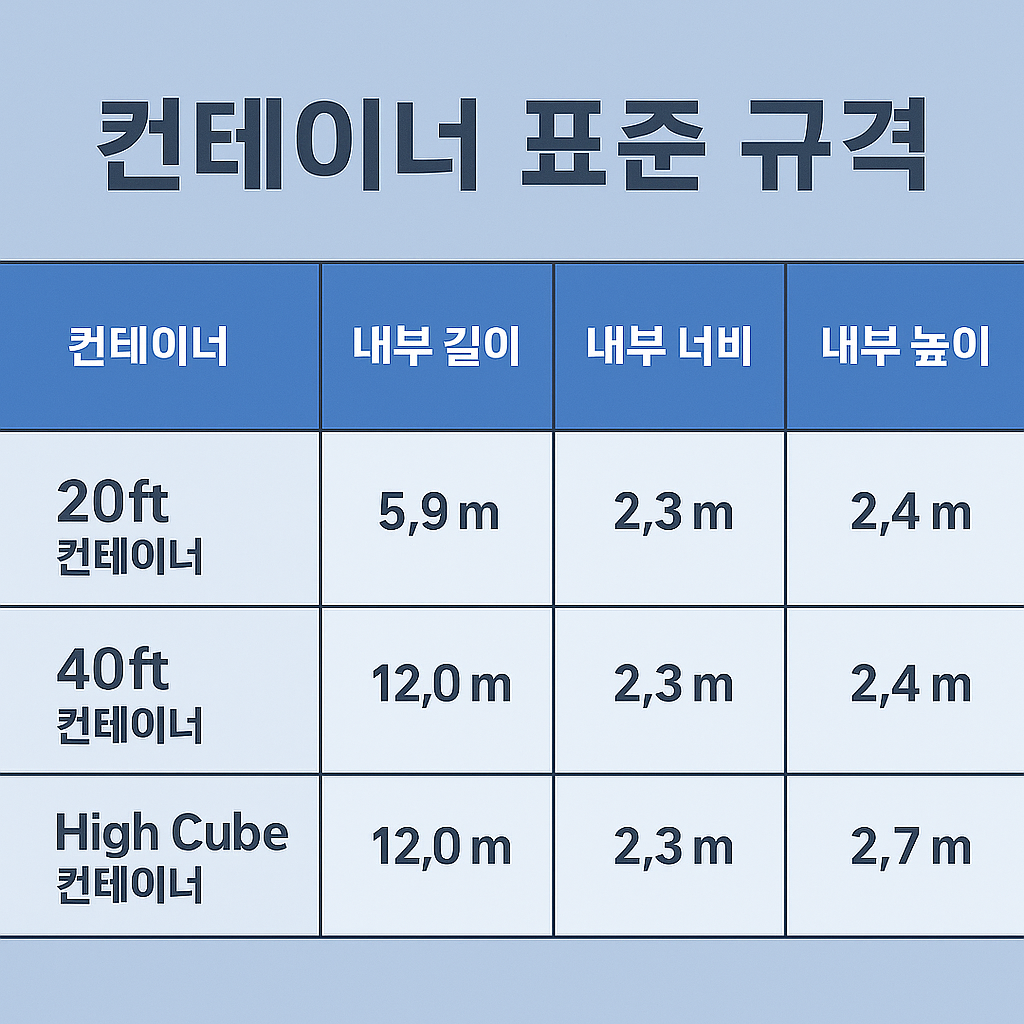 "20ft, 40ft, 하이큐브 컨테이너의 내부 길이, 너비, 높이를 비교한 표. 파스텔 블루 배경의 컨테이너 표준 규격 안내 이미지