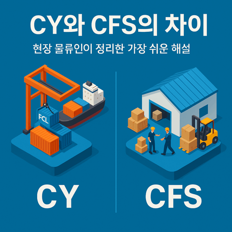 CY와 CFS의 차이, FCL과 LCL 화물 처리 공간을 비교한 물류 인포그래픽