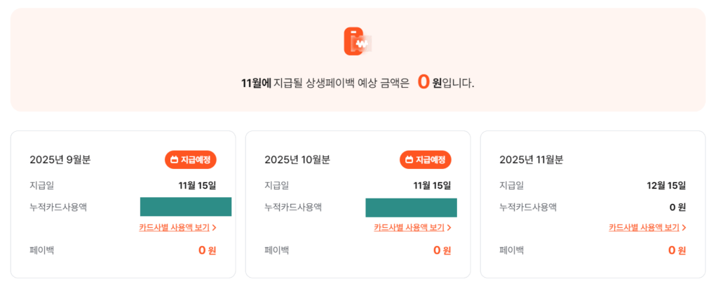 상생페이백 2025 조회 결과 화면 (모자이크 처리, 정부24·중기부 상생페이백 시스템 기준)