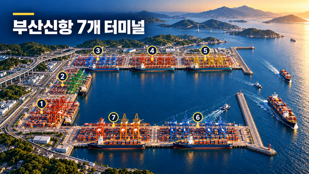 역 ㄷ자 형태로 배치된 부산신항 7개 컨테이너 터미널을 표현한 3D 이미지