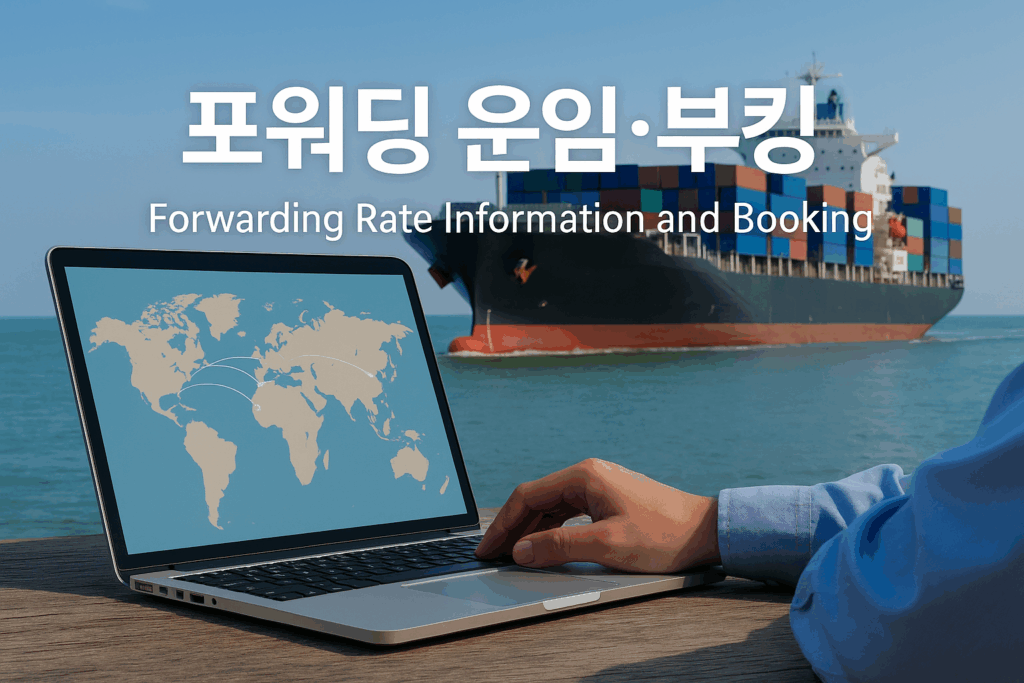 포워더가 노트북으로 선박 운임정보를 확인하고 부킹하는 모습, Grow & Go 물류 브랜드톤 블루-그린 컬러