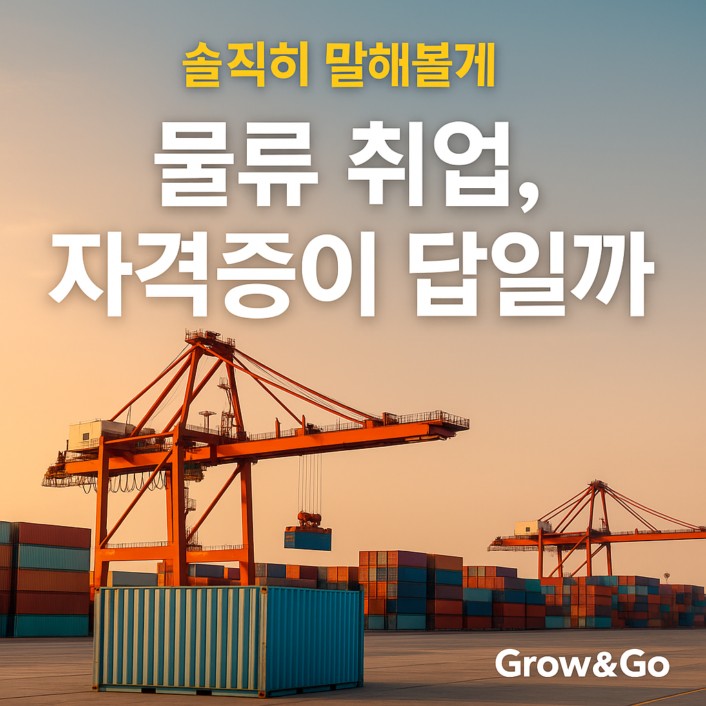 부산 항만 컨테이너 야드 배경에 '물류 취업, 자격증이 답일까'라는 문구가 적힌 썸네일 이미지. 물류 취업과 자격증 준비 관련 콘텐츠를 나타냄.