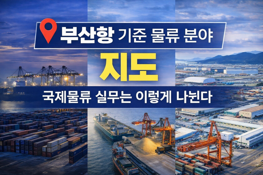 부산항을 기준으로 컨테이너, 벌크, 프로젝트 화물 등 국제물류 실무 분야를 한눈에 정리한 지도형 이미지