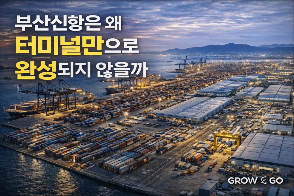 부산신항 컨테이너 터미널과 배후부지 CFS 전경을 담은 이미지로, 항만 터미널과 배후 물류 공간의 연결 구조를 보여주는 썸네일