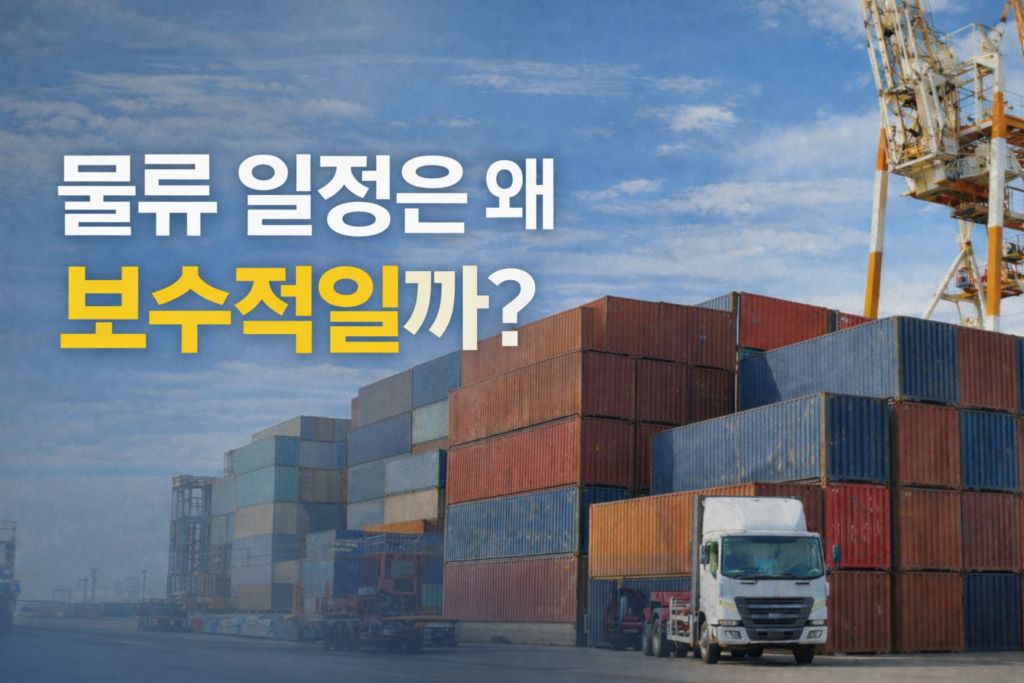 항만 컨테이너와 트럭을 배경으로 한 물류 일정 보수성 설명 이미지