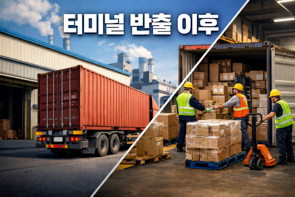 터미널 반출 후 컨테이너를 화주 공장으로 직송하는 방식과 CFS에서 하역 후 카고 단위로 이동하는 물류 작업 현장 비교 이미지