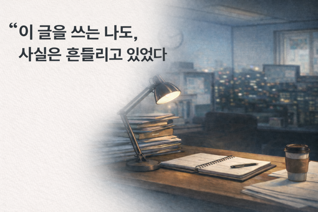 밤 늦은 시간 스탠드 조명이 켜진 책상 위에 노트와 펜이 놓여 있고 창밖으로 도시 불빛이 보이는 직장인 생각정리 이미지