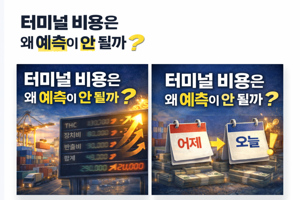 터미널 비용은 왜 예측이 안 될까? 수입 물류비가 일정과 상황에 따라 달라지는 구조를 설명하는 썸네일 이미지