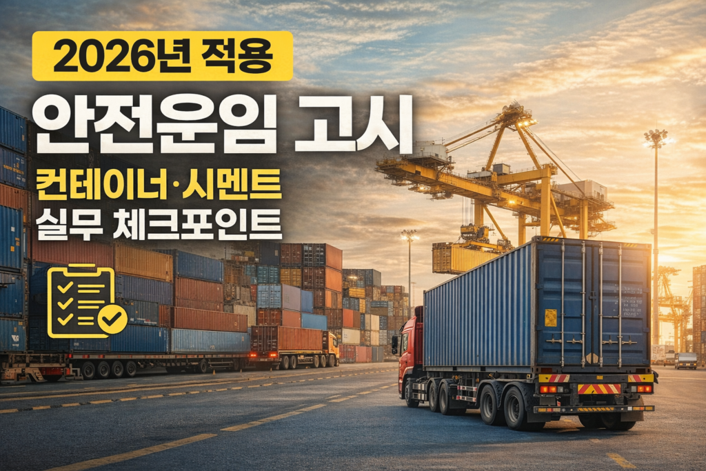 2026년 적용 화물차 안전운임 고시와 컨테이너·시멘트 운송 실무 체크포인트를 설명하는 항만 컨테이너 운송 이미지