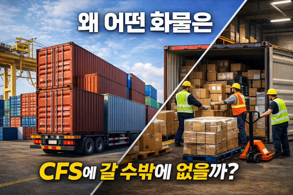 터미널 반출 이후 컨테이너를 바로 공장으로 보내지 못하고 CFS에서 화물을 분리·작업하는 물류 현장 모습