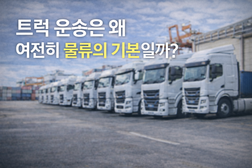 트럭 운송이 여전히 물류의 기본으로 사용되는 이유를 설명하는 글의 썸네일 이미지입니다. 항만 인근 내륙 물류 현장에서 대기 중인 트럭을 통해, 문전배송과 일정 통제력이라는 트럭 운송의 현실적인 강점을 시각적으로 표현합니다.