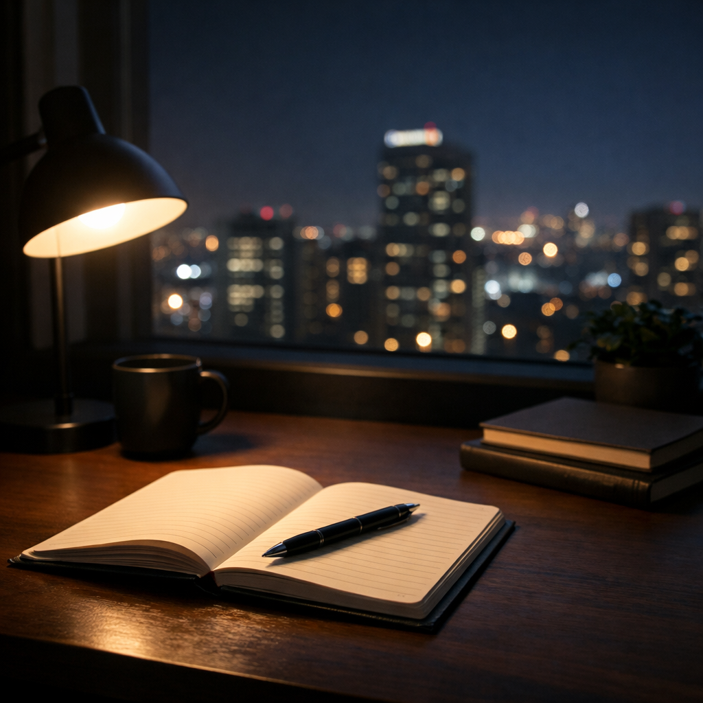 밤 늦은 시간 책상 위에 노트와 펜이 놓여 있고 창밖으로 도시의 불빛이 보이는 직장인 생각 정리 장면