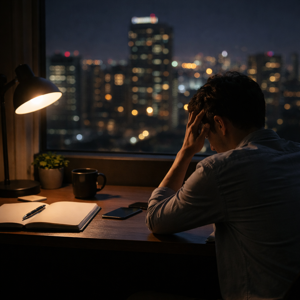 밤 늦은 시간 책상에 앉아 머리를 짚고 창밖 도시 불빛을 바라보는 직장인 모습