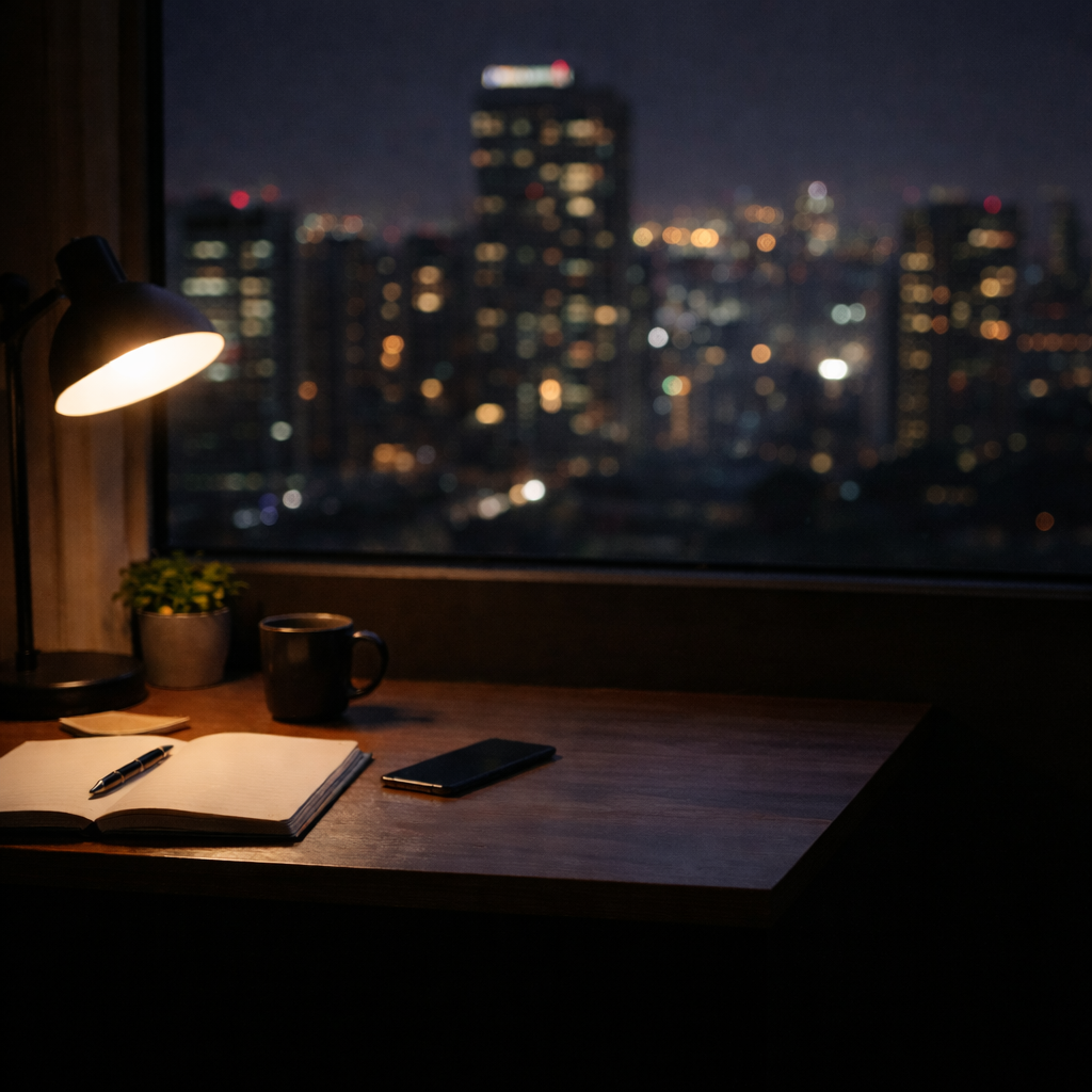 밤 늦은 시간 스탠드 조명이 켜진 책상과 노트, 머그컵 너머로 도시 불빛이 보이는 조용한 작업 공간
