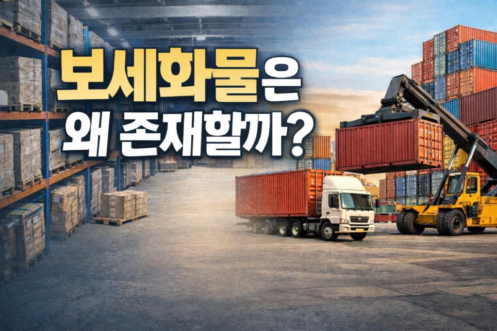 보세창고 내부 적재 화물과 컨테이너 야드 작업 장비가 함께 표현된 물류 개념 설명 썸네일