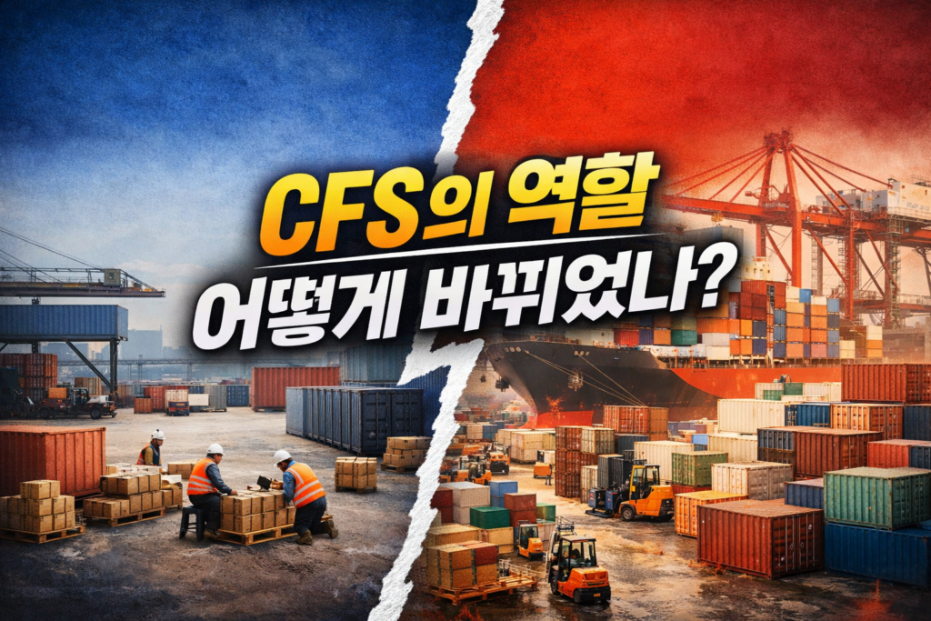 코로나 이전과 이후의 CFS 역할 변화를 비교한 이미지로, 항만 혼잡과 물류 흐름 변화 속에서 CFS의 중요성이 증가한 모습을 보여준다