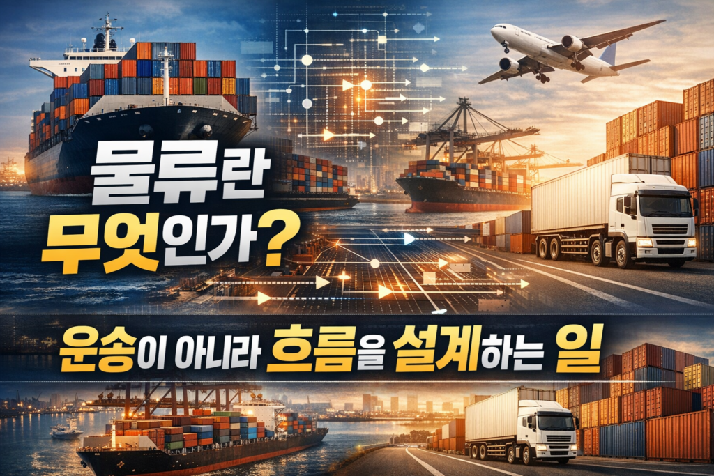 컨테이너선, 항만 터미널, 트럭과 함께 디지털 흐름이 연결된 물류 개념 이미지