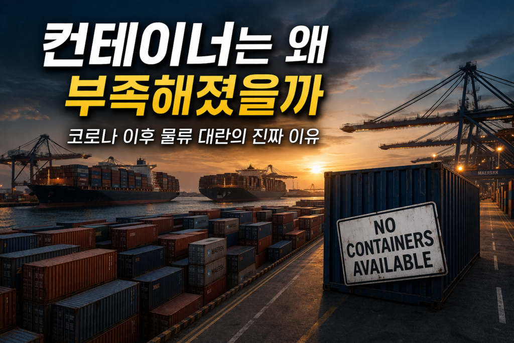 코로나 팬데믹 이후 항만 혼잡과 물류 흐름 정체로 인해 컨테이너가 부족해진 구조를 설명하는 이미지
