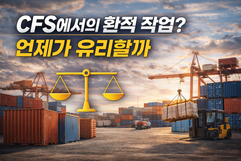 컨테이너 야드와 CFS 현장에서 환적 작업과 적재 작업이 이루어지는 모습으로 환적 작업의 유리한 상황을 설명하는 물류 이미지