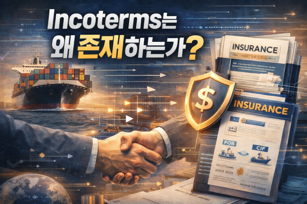 컨테이너선과 보험 서류, 악수를 통해 국제무역에서 Incoterms와 해상보험의 개념을 설명하는 이미지