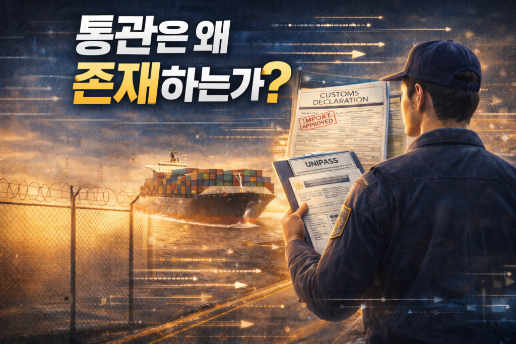 컨테이너 선박과 통관 서류를 들고 있는 인물을 통해 국제물류에서 통관의 역할을 설명하는 이미지