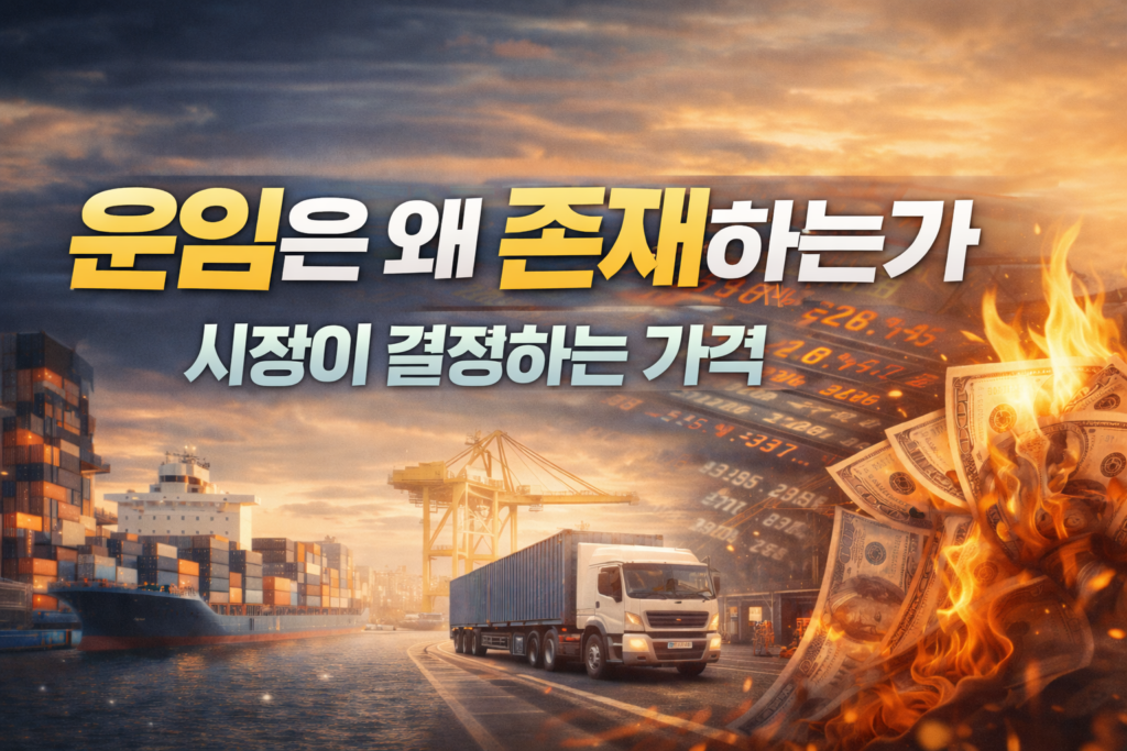 컨테이너 선박과 트럭 운송 배경의 물류 운임 설명 썸네일, 운임은 왜 존재하는가 시장이 결정하는 가격