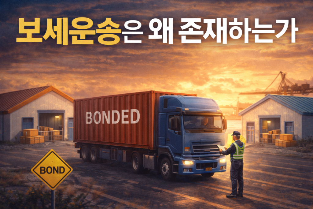 보세운송 컨테이너를 운송하는 트럭과 보세구역 창고 및 항만 배경을 표현한 물류 개념 이미지