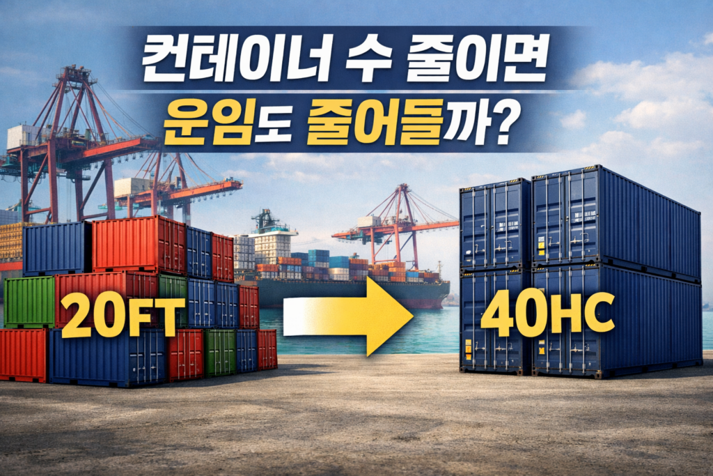 항만 배경에서 많은 수의 20피트 컨테이너와 적은 수의 40HC 컨테이너를 비교하여 물류 적재 전략과 비용 구조 개념을 시각적으로 표현한 이미지