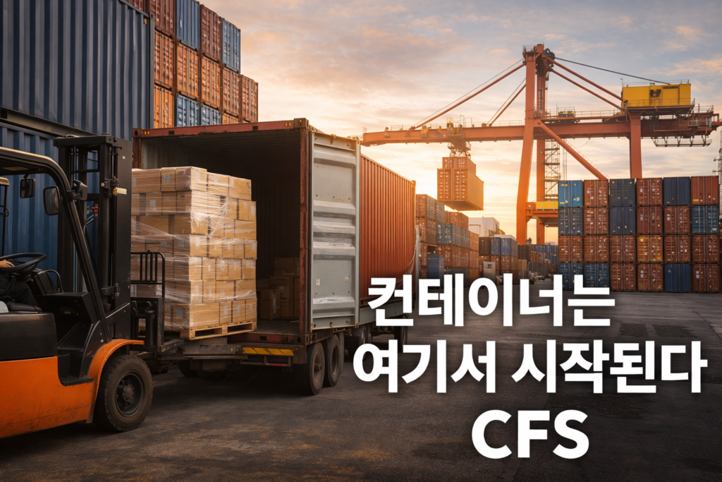 지게차가 컨테이너에 화물을 적입하는 CFS(Container Freight Station) 물류 작업 모습
