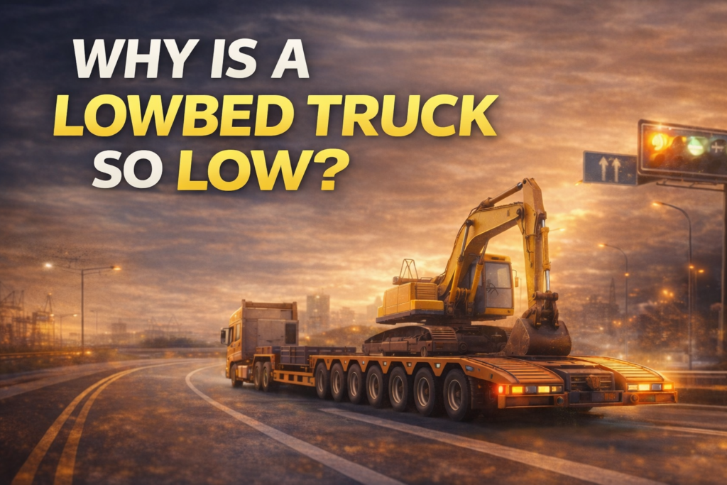 로베드 트레일러가 굴삭기를 적재해 중량물을 운송하는 특수 물류 장비 모습