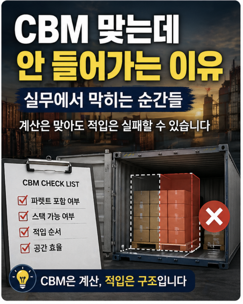 CBM 계산은 맞지만 컨테이너 적입이 실패하는 상황을 설명하는 이미지, 파렛트 포함 여부와 스택 가능 여부, 적입 순서 등 실무 체크리스트를 강조한 물류 컨텐츠 썸네일