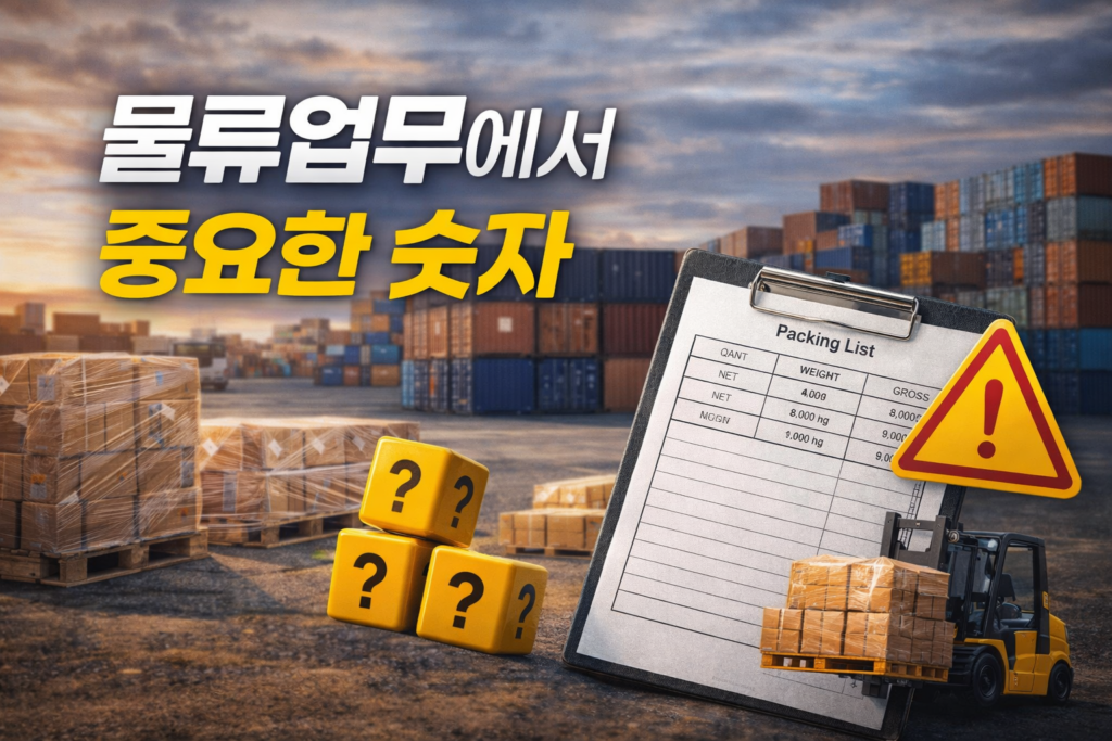 패킹리스트 문서와 컨테이너 야드, 포장된 화물과 지게차 작업 모습이 함께 나타난 이미지로 물류 업무에서 숫자와 단위를 정확히 확인해야 하는 중요성을 설명한다