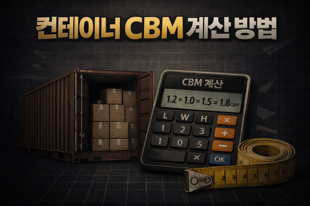 컨테이너 내부 박스 적재와 CBM 계산기를 활용한 CBM 계산 방법을 설명하는 물류 썸네일 이미지