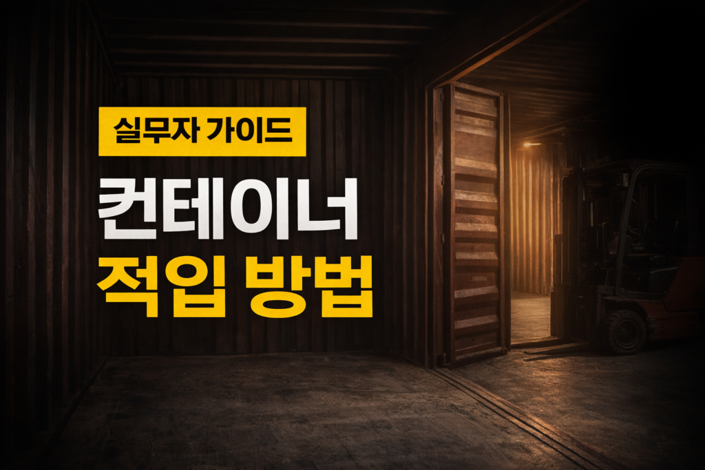 컨테이너 적입 방법을 설명하는 실무자 가이드 썸네일 이미지로, 물류 현장에서의 화물 적입 과정을 표현한 이미지