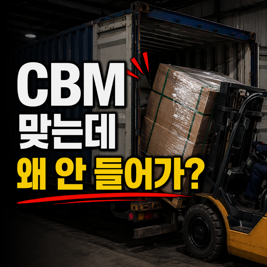 컨테이너 입구에서 파렛트 화물이 걸려 들어가지 못하는 상황과 CBM 계산과 실제 적입의 차이를 보여주는 이미지