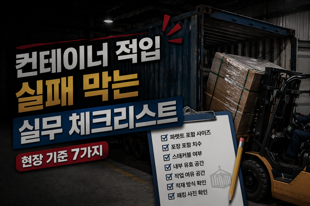 컨테이너 입구에서 지게차로 화물을 적입하는 장면과 함께 적입 실패를 방지하기 위한 실무 체크리스트 항목이 표시된 이미지