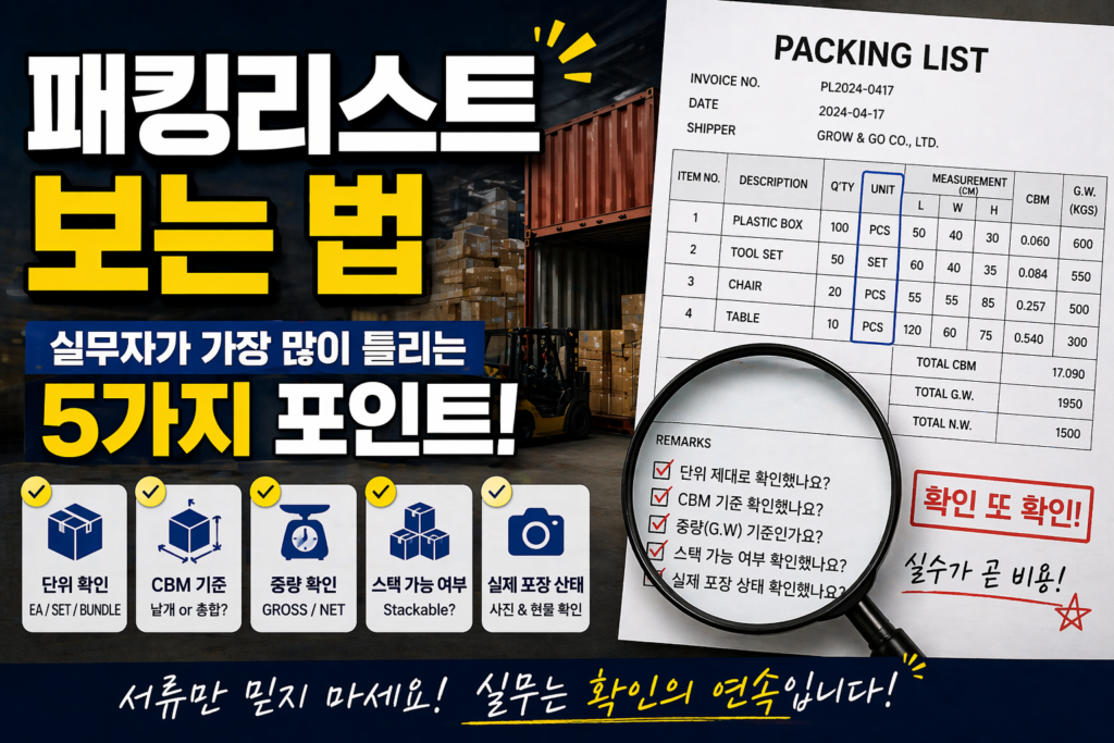 패킹리스트 문서를 확대경으로 확인하며 단위, CBM, 중량, 스택 가능 여부 등 주요 항목을 체크하는 물류 실무 이미지