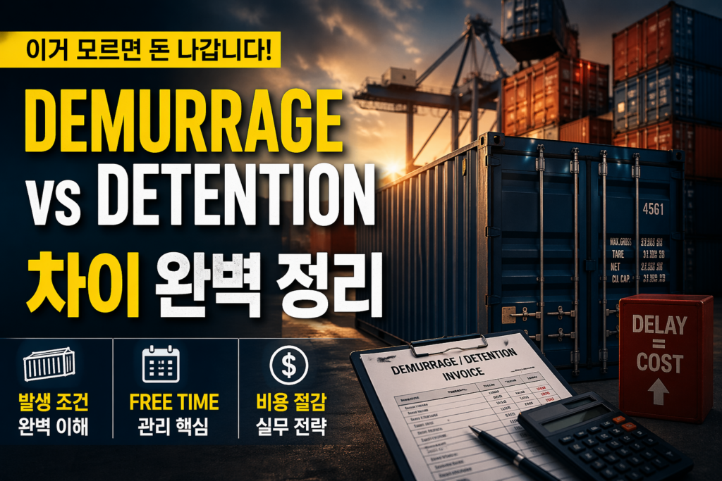 Demurrage와 Detention 차이 및 비용 발생 구조를 설명하는 컨테이너 물류 이미지