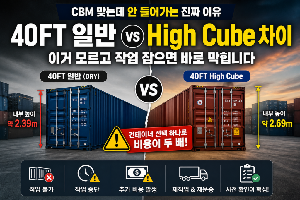 40FT 일반 컨테이너와 High Cube 컨테이너의 높이 차이로 인해 CBM은 맞지만 적입이 불가능해지고 작업 중단 및 추가 비용이 발생하는 상황을 설명하는 물류 실무 이미지