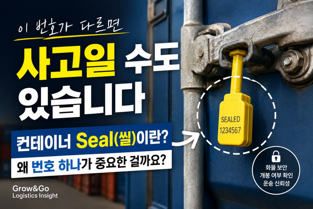 컨테이너 문에 부착된 노란색 Seal(씰) 봉인 장치를 클로즈업한 모습과 국제물류에서 Seal Number 중요성을 설명하는 썸네일 이미지