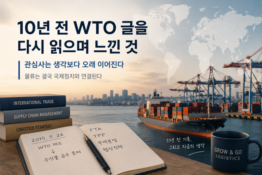 항만과 컨테이너선 배경 위에 ‘10년 전 WTO 글을 다시 읽으며 느낀 것’이라는 문구가 들어간 물류·국제무역 관련 블로그 썸네일 이미지