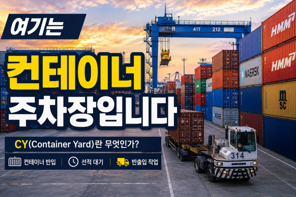 부산신항 느낌의 대형 컨테이너 야드에서 RTGC 크레인과 Yard Tractor가 작업 중인 모습과 “여기는 컨테이너 주차장입니다” 문구가 포함된 국제물류 썸네일 이미지