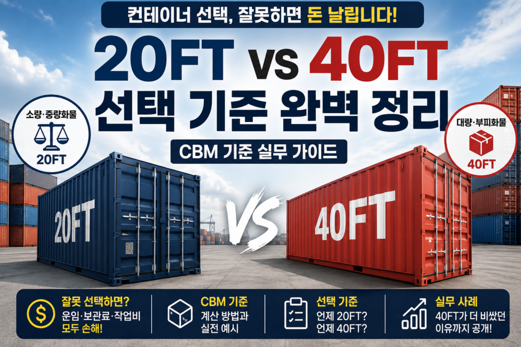 20FT와 40FT 컨테이너 선택 기준을 비교한 물류 인포그래픽 이미지. CBM 기준 실무 가이드와 비용 차이, 운임 및 보관료 손해 가능성을 설명하는 썸네일.