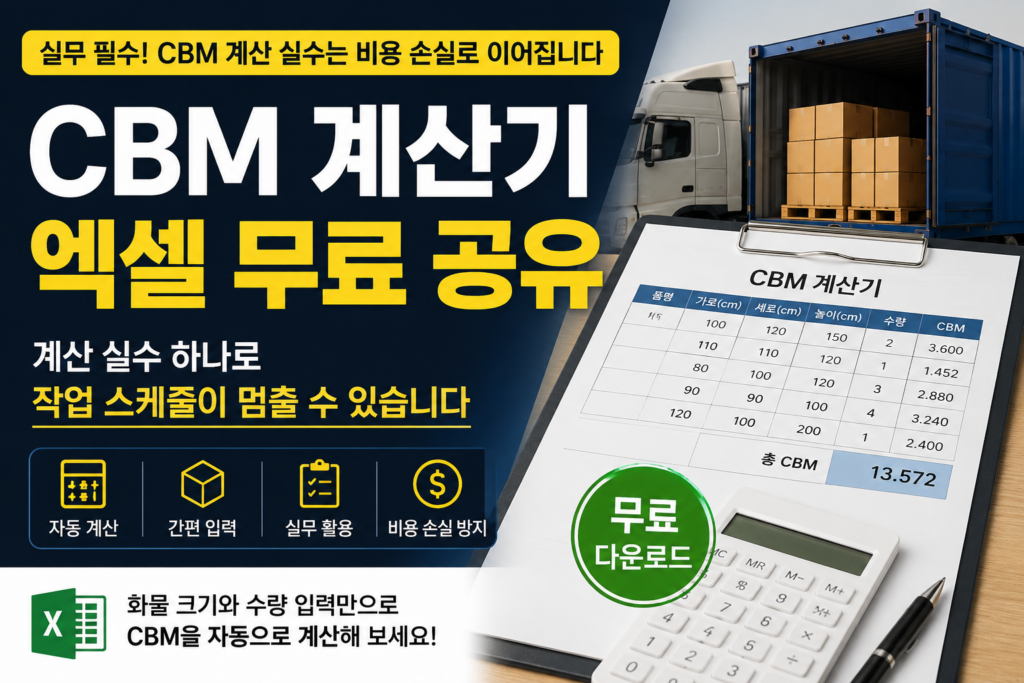 CBM 계산기 엑셀 무료 공유 썸네일 이미지로 물류 실무에서 계산 실수로 인해 작업 스케줄 지연과 비용 손실이 발생할 수 있다는 내용을 설명하는 컨테이너 및 계산표 이미지