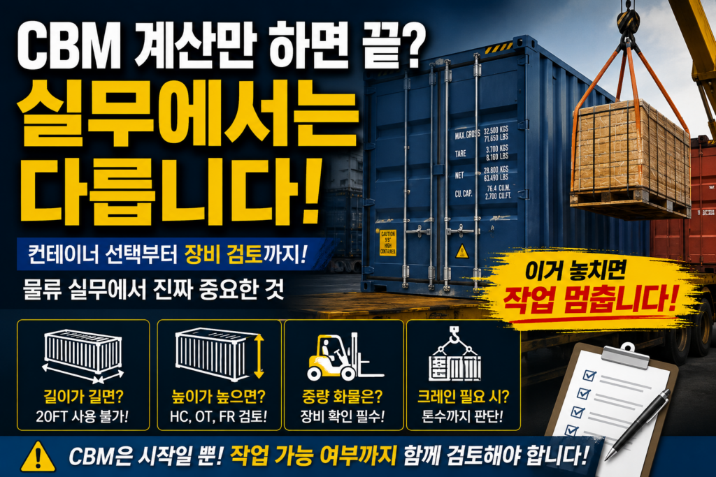 CBM 계산만으로 작업 가능 여부를 판단하면 발생할 수 있는 물류 실무 문제를 설명하는 이미지로 컨테이너 선택, 장비 검토, 크레인 작업, High Cube 및 특수 컨테이너 검토 내용을 포함한 물류 실무 썸네일
