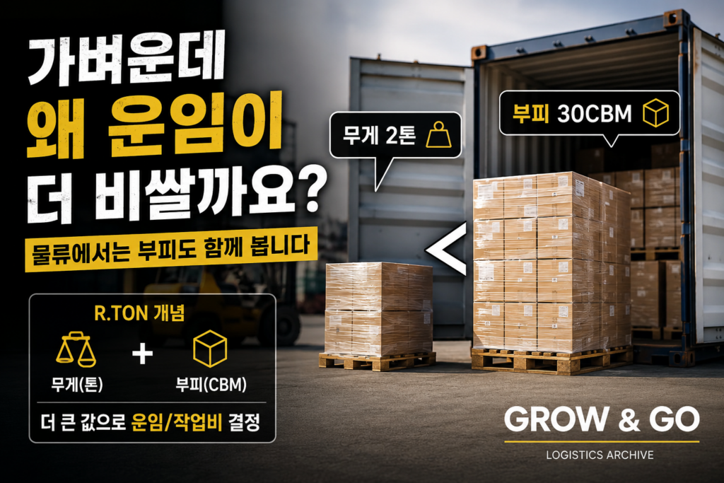 가벼운 화물이지만 부피가 큰 경우 물류 운임과 작업비가 더 높아질 수 있다는 내용을 설명하는 물류 실무 썸네일 이미지로 2톤 중량과 30CBM 부피를 비교하며 R.TON 개념과 컨테이너 적입 및 운송비 구조를 설명하는 이미지