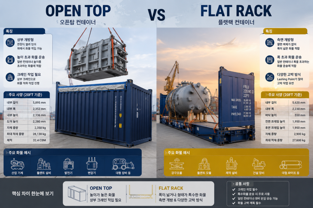 Open Top과 Flat Rack 특수 컨테이너 구조 차이와 높이 초과·폭 초과 화물 운송 방식을 비교 설명하는 물류 실무 썸네일 이미지