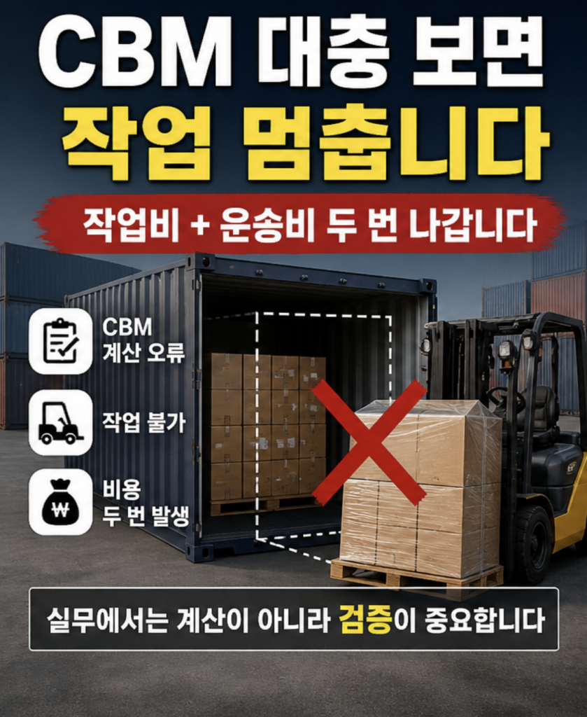 CBM 계산을 잘못하면 컨테이너 적입이 불가능해지고 작업이 중단되며 작업비와 운송비가 추가로 발생하는 상황을 설명하는 물류 실무 이미지